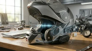 Cutaway of a helmet with integrated speaker pockets for long distance communication and comfort.