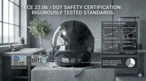 Illustration showcasing ECE and DOT safety certification seals on a carbon fiber shell.