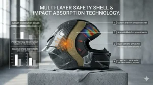 Cross-section diagram of the impact-resistant layers inside a carbon fiber helmet shell.