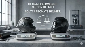 Infographic comparing the grams of an ultra-lightweight carbon helmet to a standard plastic model.