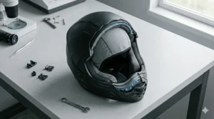 Close-up of a low-profile cooling skull cap fitting seamlessly under a full-face motorcycle helmet.
