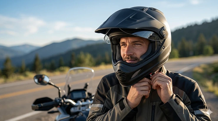 A motorcycle rider comfortably adjusting their helmet equipped with custom fit cheek pads for a secure and snug feel.