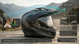 Illustration showing airflow over the adjustable peak of a certified adventure touring helmet to reduce neck fatigue.