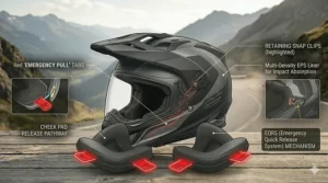 Close-up of red emergency release tabs on a certified adventure touring helmet for rider safety.