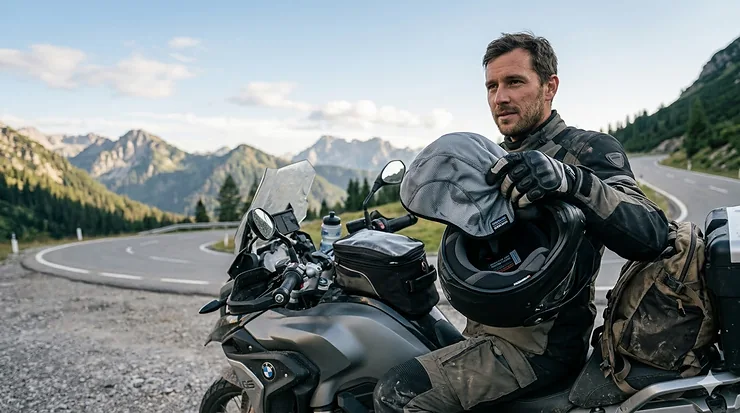A motorcycle rider holding a matte black helmet with a blue evaporative cooling skull cap tucked inside.