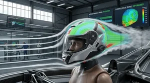 Diagram showing aerodynamic shell design of a long distance comfort helmet to reduce neck strain.