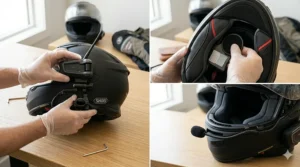 Diagram showing how to install a rider communication package into a full-face motorcycle helmet.