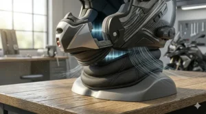 Illustration of a padded neck roll and chin curtain used to reduce wind noise in touring helmets.