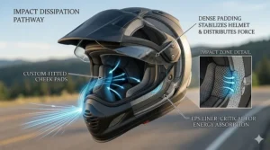 Illustration showing how replacement padding maintains helmet stability and protective integrity during impact.