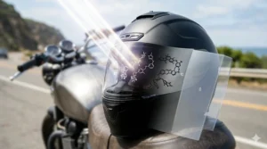 Illustration showing UV rays hitting a photochromic helmet visor surface and activating light-sensitive molecules.