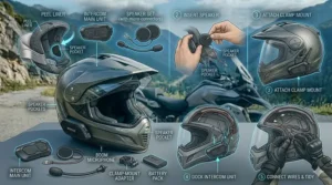 A close-up view of a mesh intercom communication device mounted on the side of a full-face motorcycle helmet.