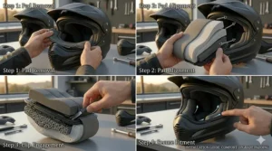 A step-by-step graphic showing the installation of aftermarket helmet comfort upgrade padding.