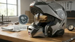 A dual-visor system on a long distance comfort helmet showing protection against eye fatigue.