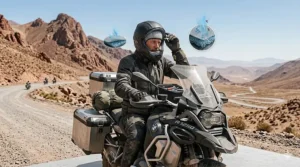 A motorcycle traveler riding in a hot desert climate using evaporative cooling gear to stay focused.