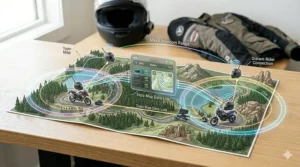 Illustration showing the multi-rider connection range of a premium rider communication package.