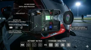 Clear night-time footage captured by a 4K helmet camera during an evening urban bike ride.