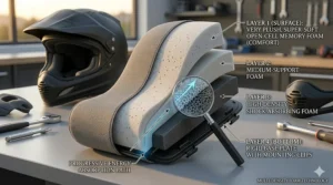 Detailed illustration of multi-density memory foam cheek pads designed for long-distance motorcycle comfort.