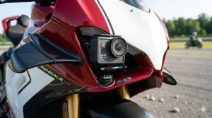 Close-up of a sleek 4K helmet camera attached to the side of a motorcycle racing helmet.