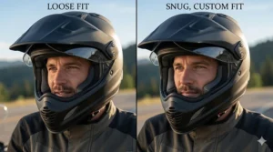 Diagram comparing a loose helmet fit versus the snug security of custom fit cheek pads.