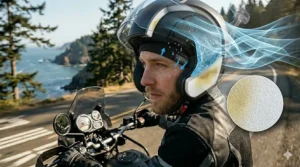 Illustration of a performance cap protecting motorcycle helmet padding from sweat and oils.