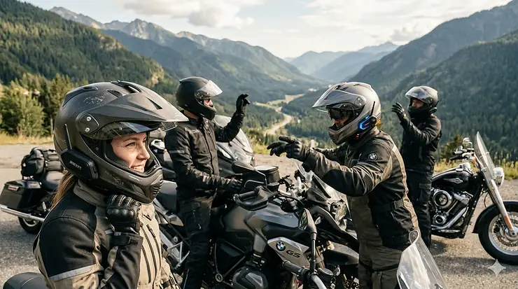 A group of motorcyclists wearing helmets equipped with mesh intercom systems riding together on a scenic mountain road.