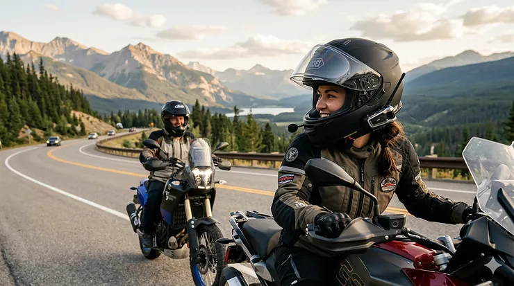 Two motorcyclists on a scenic road using a rider communication package to talk via helmet intercoms.