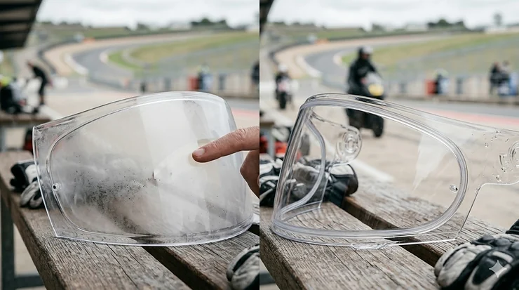 Side-by-side comparison of a standard foggy visor versus a clear view with a Pinlock anti-fog system.