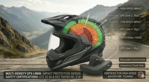 Cross-section of a certified adventure touring helmet highlighting the multi-density EPS foam for impact absorption.
