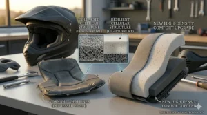 Visual guide showing the difference between compressed old foam and new high-density helmet replacement liners.