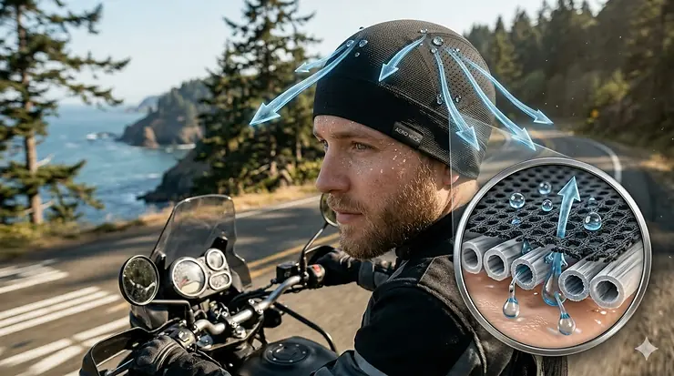 Illustration showing how performance wicking fabric pulls sweat away from the skin under a motorcycle helmet. performance wicking cap