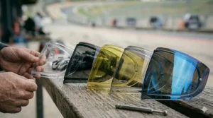 An array of Pinlock anti-fog system inserts in clear, smoked, and yellow tints for different light conditions.