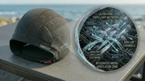 Illustration representing the fast evaporation and quick-dry nature of a performance motorcycle helmet cap.