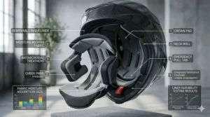Illustration of the antimicrobial, removable padding inside an ultra-lightweight carbon helmet.