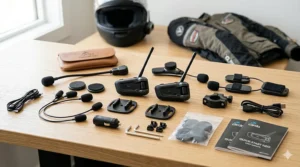 Complete rider communication package including Bluetooth headset, speakers, and mounting hardware.