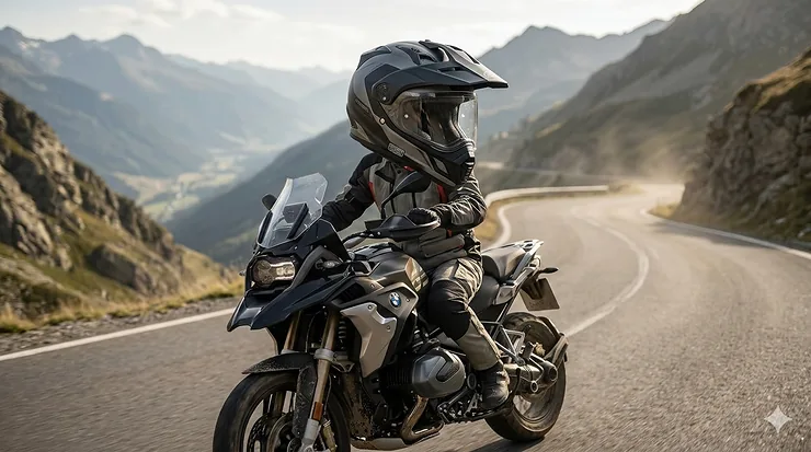 A professional rider wearing a top rated adventure touring helmet certified for ECE 22.06 safety standards on a mountain trail.