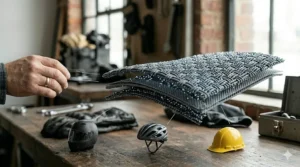 Illustration showing anti-microbial helmet liner compatibility with cycling helmets, motorcycle gear, and industrial hard hats.