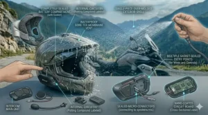 Illustration of a motorcycle helmet mesh intercom system being used during heavy rain, highlighting its waterproof rating.