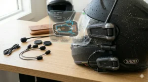 Illustration of a waterproof and dust-resistant rider communication package for all-weather riding.