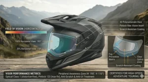 Illustration of the wide field of vision and Pinlock-ready shield on a certified adventure touring helmet.