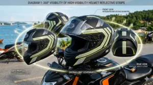 Diagram showing 360-degree coverage of high-visibility reflective strips on a motorcycle helmet.