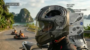 Technical illustration of airflow patterns over a closed chin bar flip helmet at high speeds.