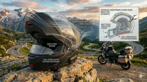 Diagram of airflow patterns over a modular touring helmet highlighting wind noise reduction features for long-distance comfort.