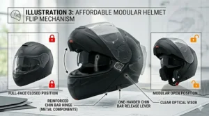 Technical drawing demonstrating the smooth flip-up chin bar mechanism of an affordable motorcycle helmet.
