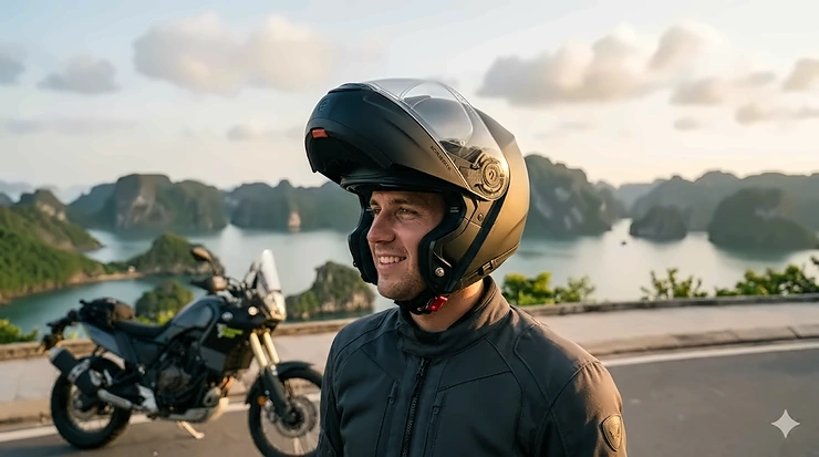 A high-quality affordable modular motorcycle protection helmet with the chin bar raised, showcasing its versatile safety design for riders. affordable modular protection