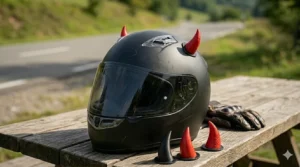 Dual-tone black and red devil horn helmet accessories for a personalized look.