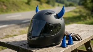 Pair of bright blue suction cup devil horns for a motorcycle helmet.