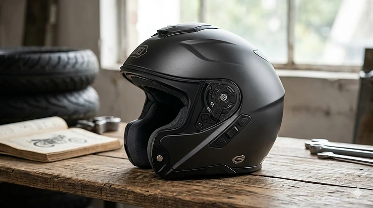 A premium matte black bluetooth-ready modular helmet with the chin bar raised and integrated speakers visible.