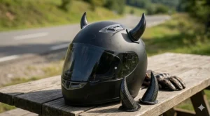 Lightweight carbon fiber textured devil horns mounted on a racing helmet.