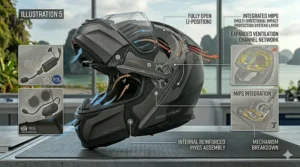 Illustration highlighting the intake and exhaust vents on a chin bar flip helmet for maximum cooling.