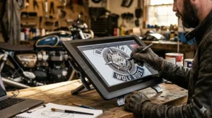 A digital artist using a tablet to create complex personalized helmet graphics for a professional racing gear project.